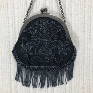 Preston & York Beaded Evening Bag Clutch Purse with Chain Strap and Fringe Black